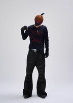 Flyerrer 25AW Black & Red Irregular Patchwork Tassel Embroidered Knit Layering Top FR284