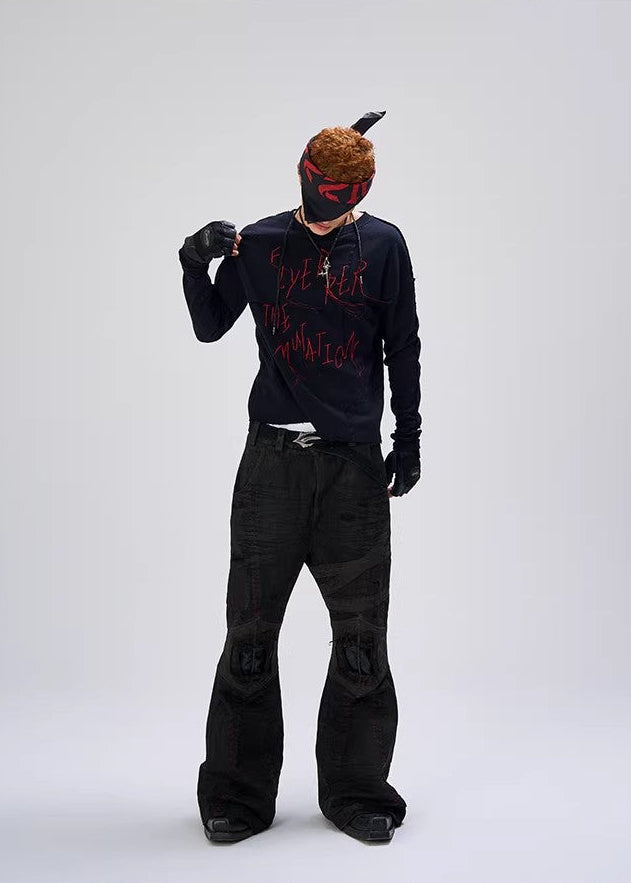 Flyerrer 25AW Black & Red Irregular Patchwork Tassel Embroidered Knit Layering Top FR284