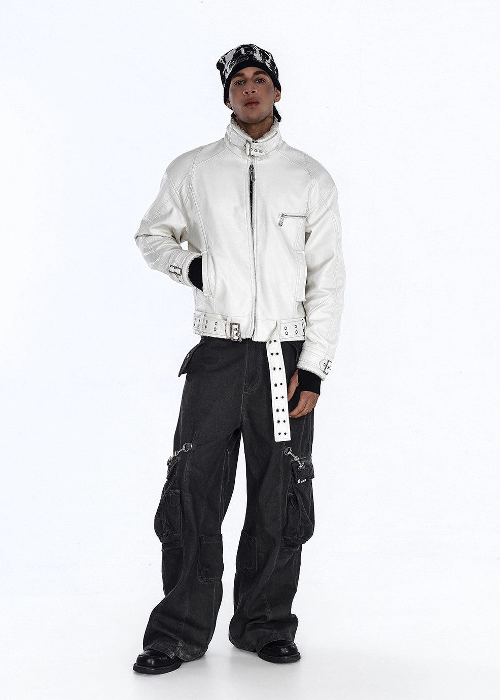Flyerrer 25AW Niche Stiff Textured White Leather Jacket with Patchwork Fur Collar FR315