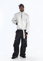 Flyerrer 25AW Niche Stiff Textured White Leather Jacket with Patchwork Fur Collar FR315