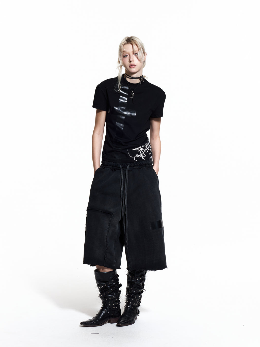 FLYERRER 26SS Black Cross Rubber Washed Raw Edge Loose Distressed Seven-Point Sweatpants FR328