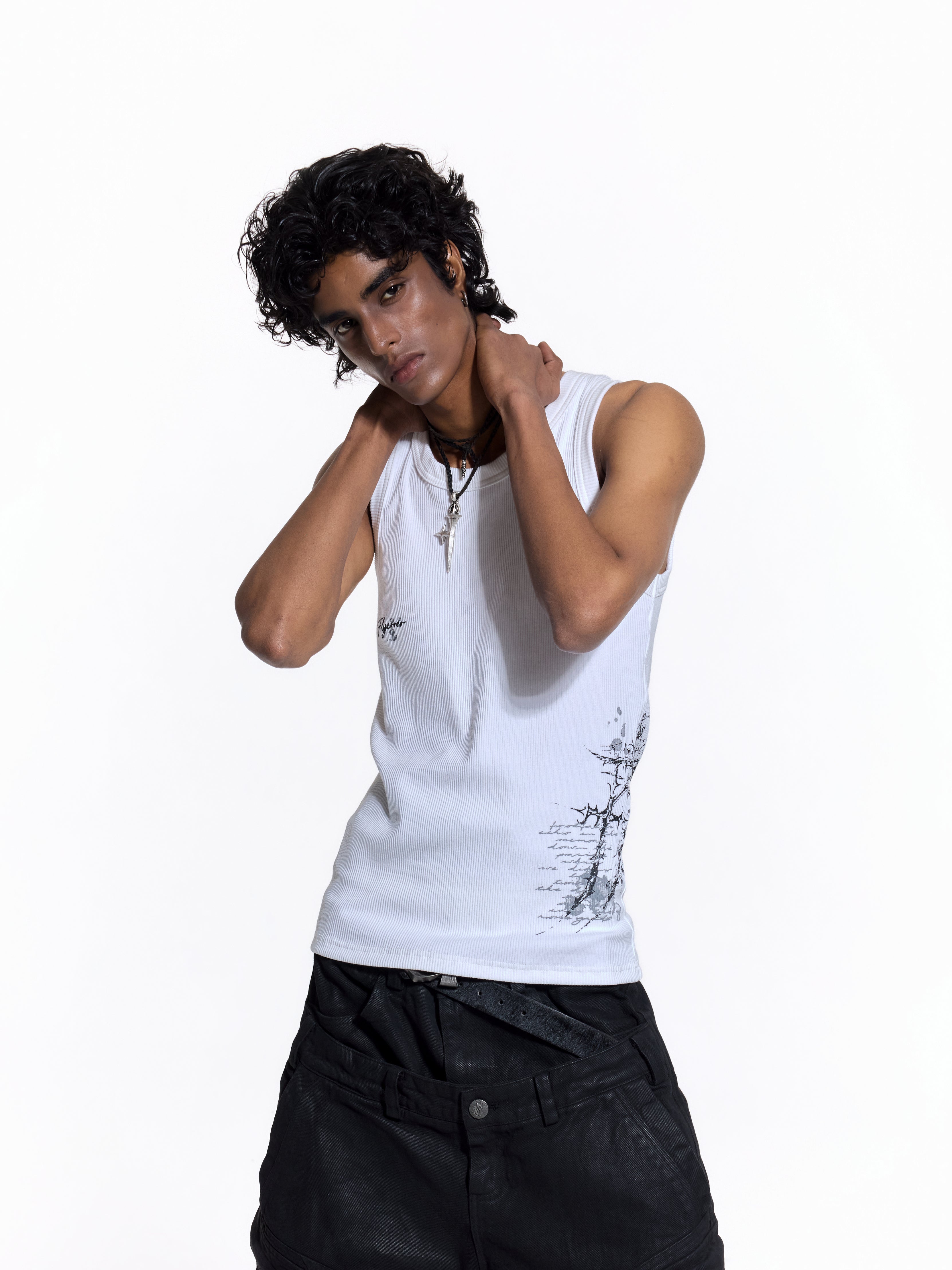 FLYERRER 26SS American Streetwear Double Embroidery Print Ribbed Stretch Slim Fit Tank Top Tee FR324