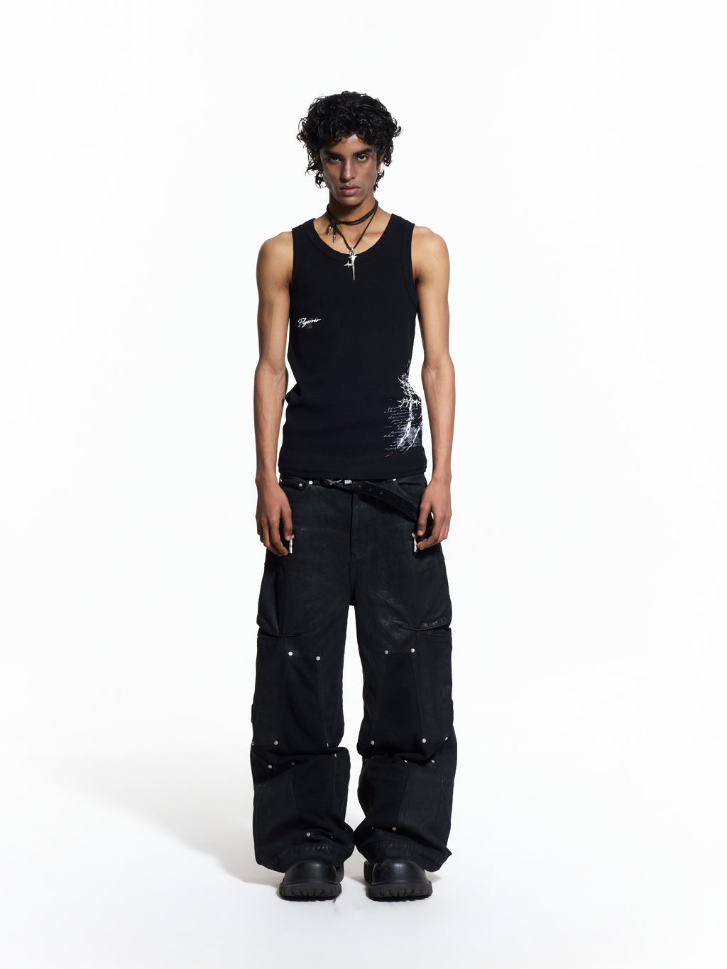 FLYERRER 26SS American Streetwear Double Embroidery Print Ribbed Stretch Slim Fit Tank Top Tee FR324