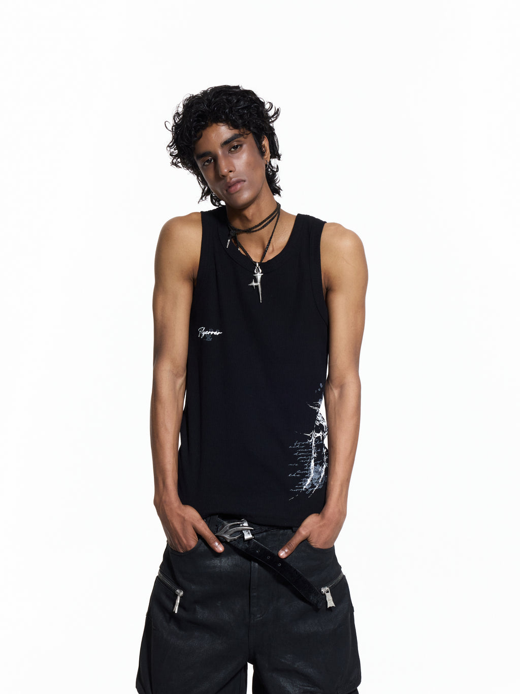 FLYERRER 26SS American Streetwear Double Embroidery Print Ribbed Stretch Slim Fit Tank Top Tee FR324