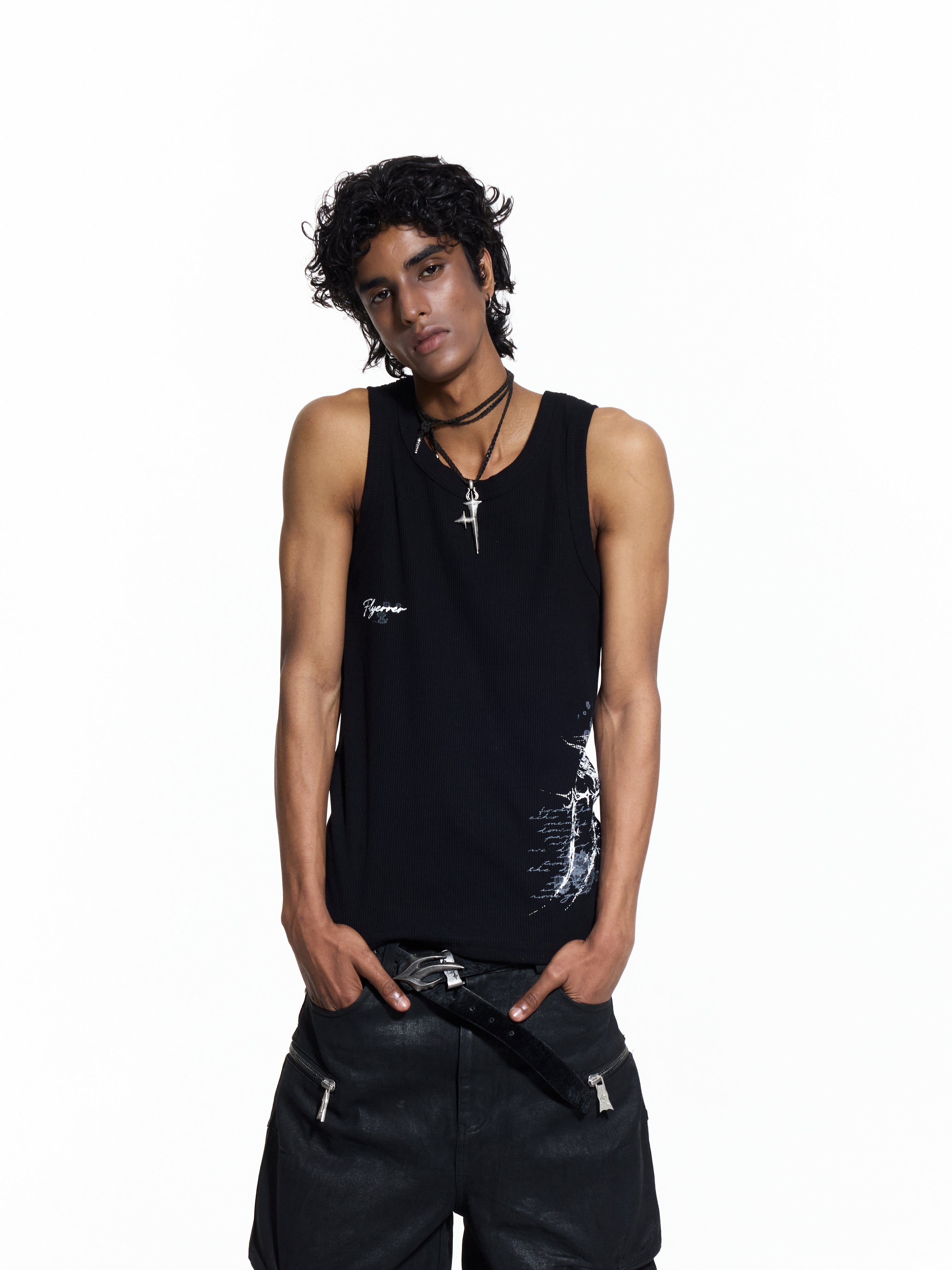 FLYERRER 26SS American Streetwear Double Embroidery Print Ribbed Stretch Slim Fit Tank Top Tee FR324