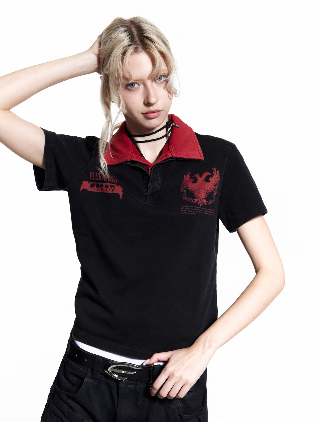 FLYERRER 26SS Dual Collar Patchwork Print Washed Slim Fit Short Wide Polo Shirt FR333