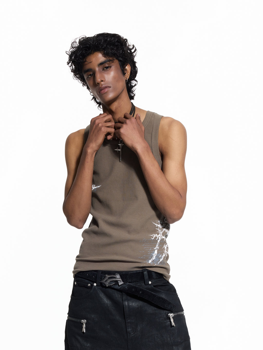 FLYERRER 26SS American Streetwear Double Embroidery Print Ribbed Stretch Slim Fit Tank Top Tee FR324