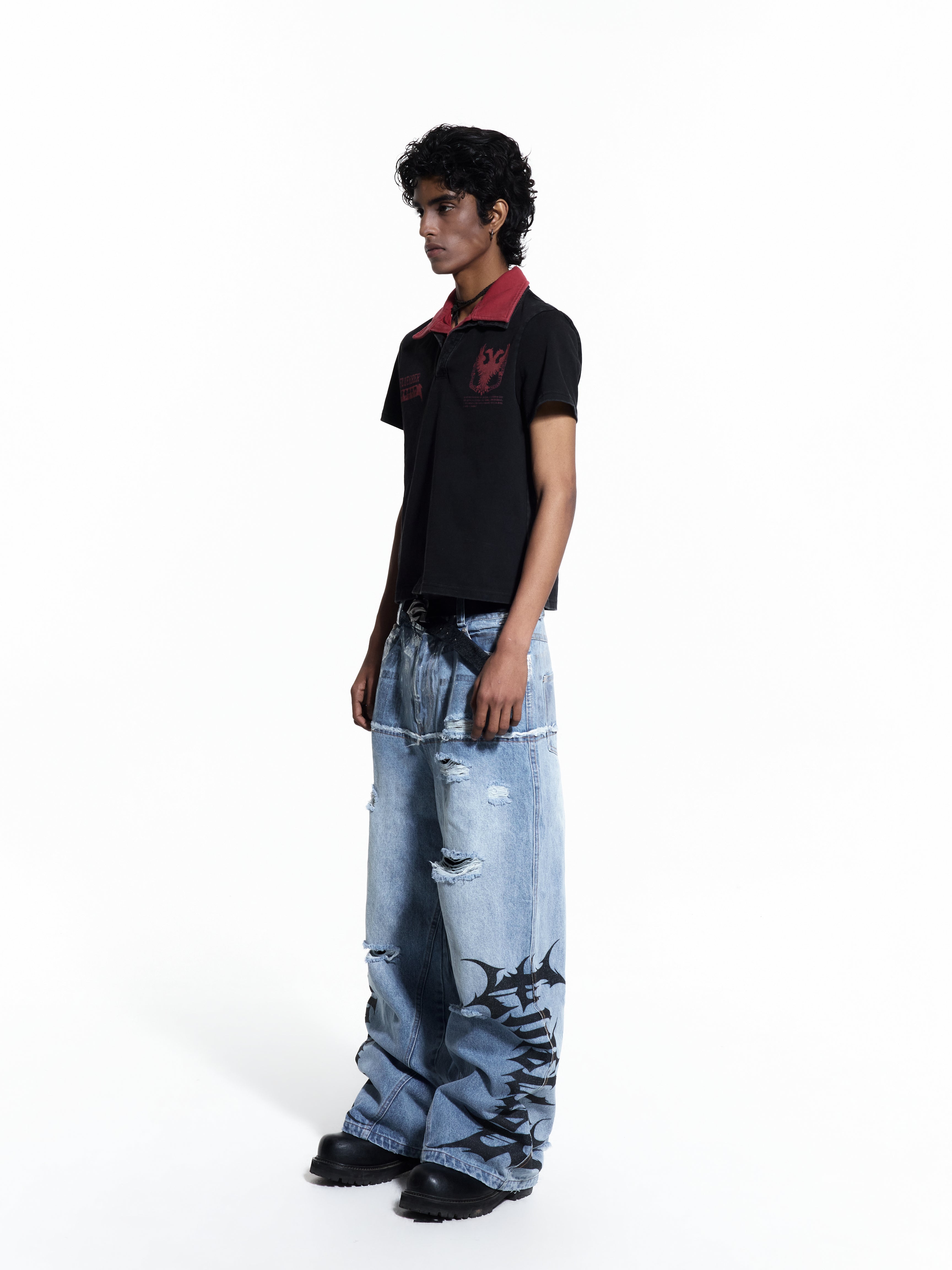 FLYERRER 26SS Dual Collar Patchwork Print Washed Slim Fit Short Wide Polo Shirt FR333