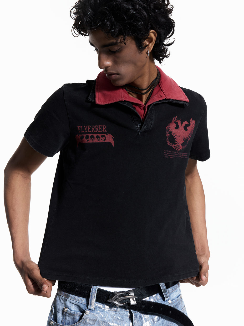 FLYERRER 26SS Dual Collar Patchwork Print Washed Slim Fit Short Wide Polo Shirt FR333