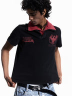 FLYERRER 26SS Dual Collar Patchwork Print Washed Slim Fit Short Wide Polo Shirt FR333