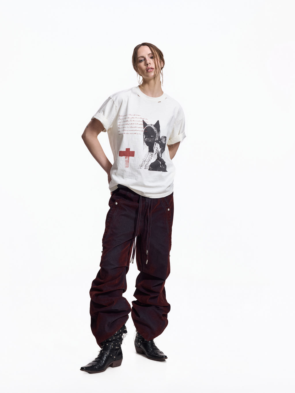 Flyerrer Vintage Washed Red Denim, Twin Flocked Structural Design Wide Leg Casual Pants FR343