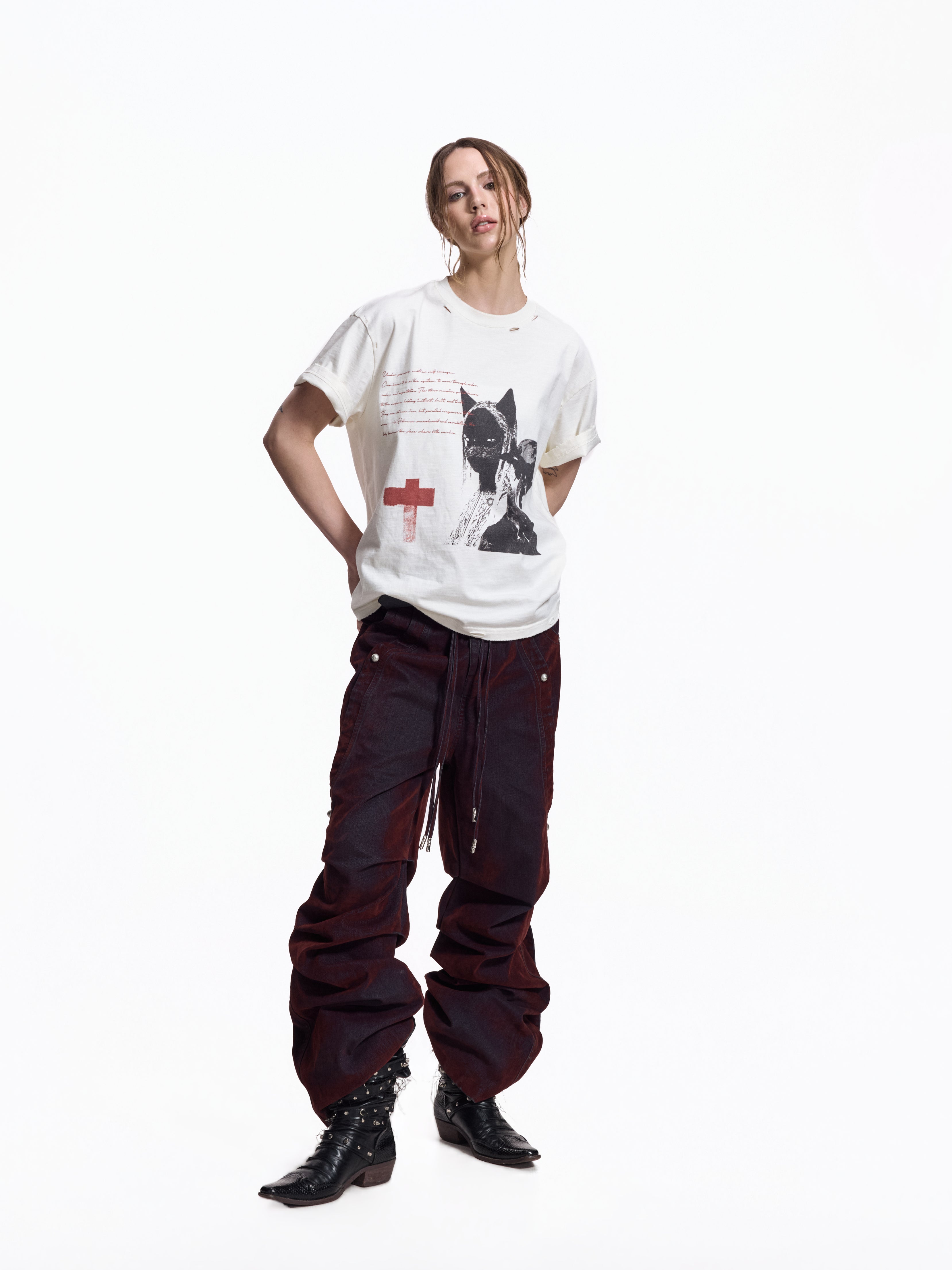 Flyerrer Vintage Washed Red Denim, Twin Flocked Structural Design Wide Leg Casual Pants FR343