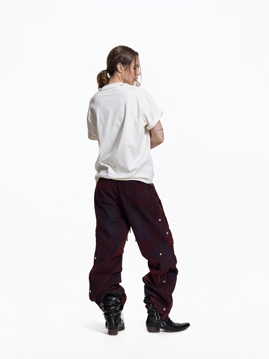 Flyerrer Vintage Washed Red Denim, Twin Flocked Structural Design Wide Leg Casual Pants FR343