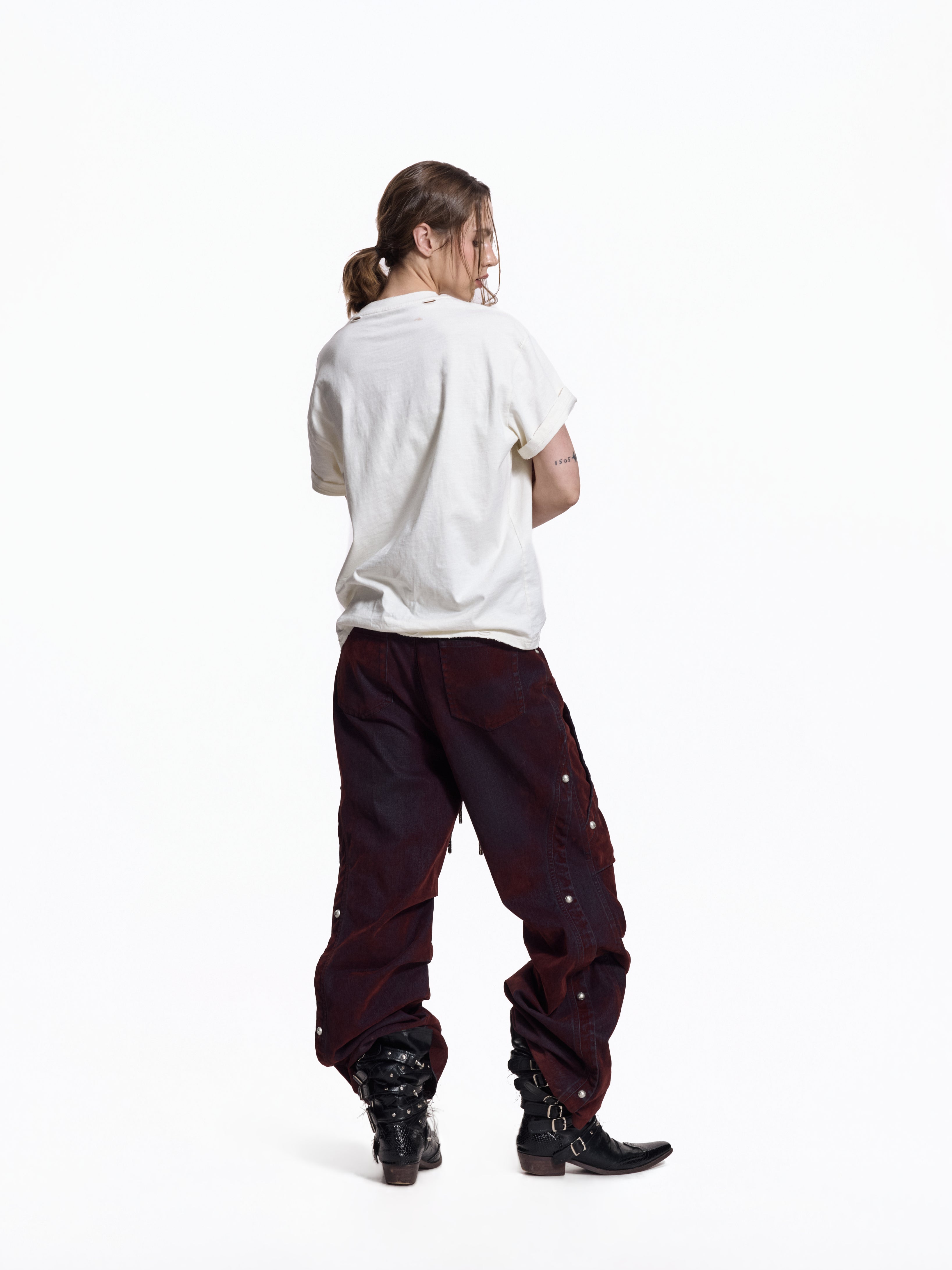 Flyerrer Vintage Washed Red Denim, Twin Flocked Structural Design Wide Leg Casual Pants FR343