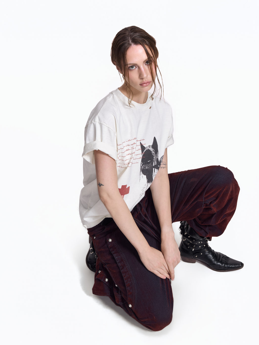 Flyerrer Vintage Washed Red Denim, Twin Flocked Structural Design Wide Leg Casual Pants FR343