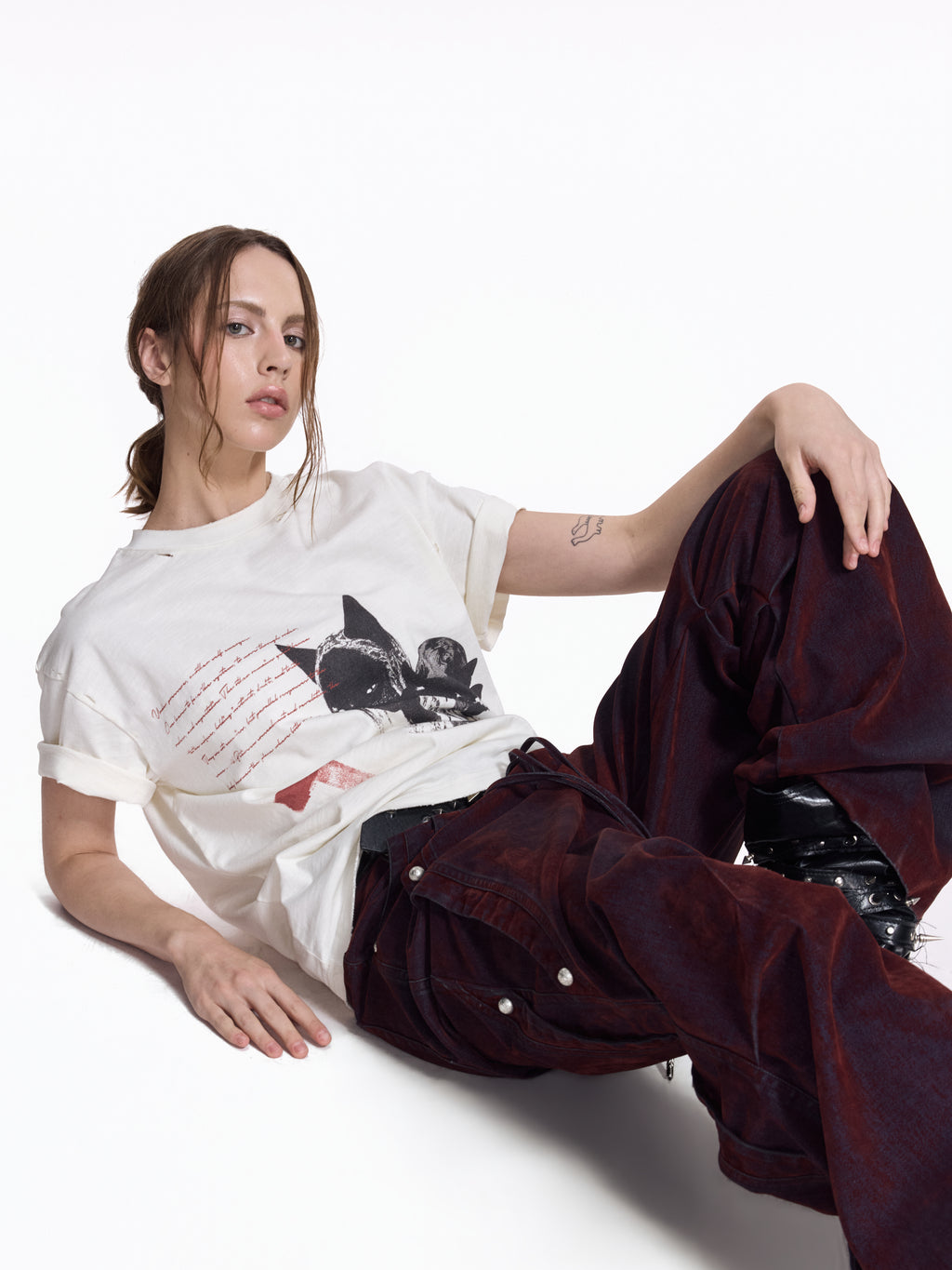Flyerrer Vintage Washed Red Denim, Twin Flocked Structural Design Wide Leg Casual Pants FR343