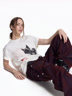 Flyerrer Vintage Washed Red Denim, Twin Flocked Structural Design Wide Leg Casual Pants FR343