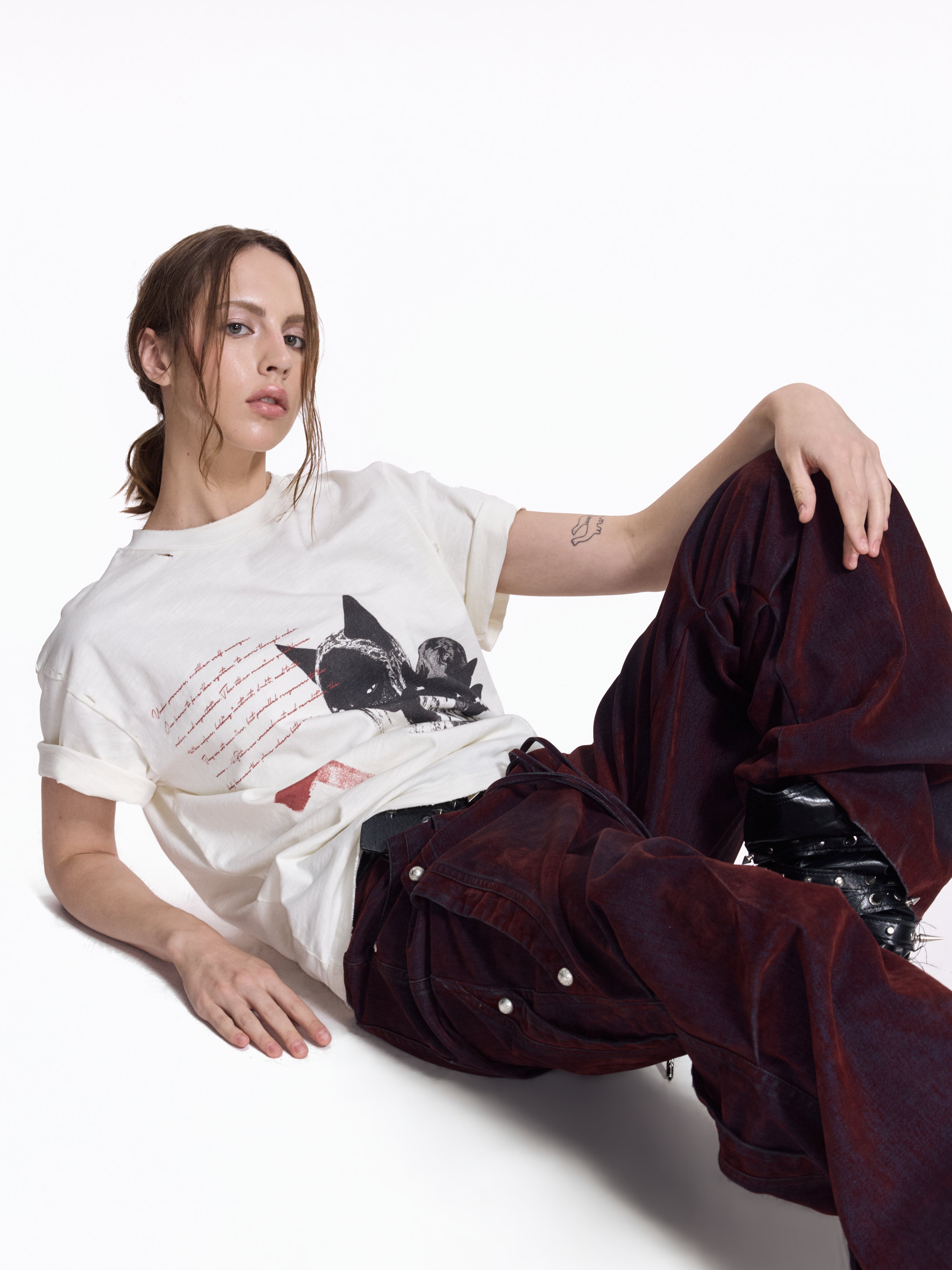 Flyerrer Vintage Washed Red Denim, Twin Flocked Structural Design Wide Leg Casual Pants FR343