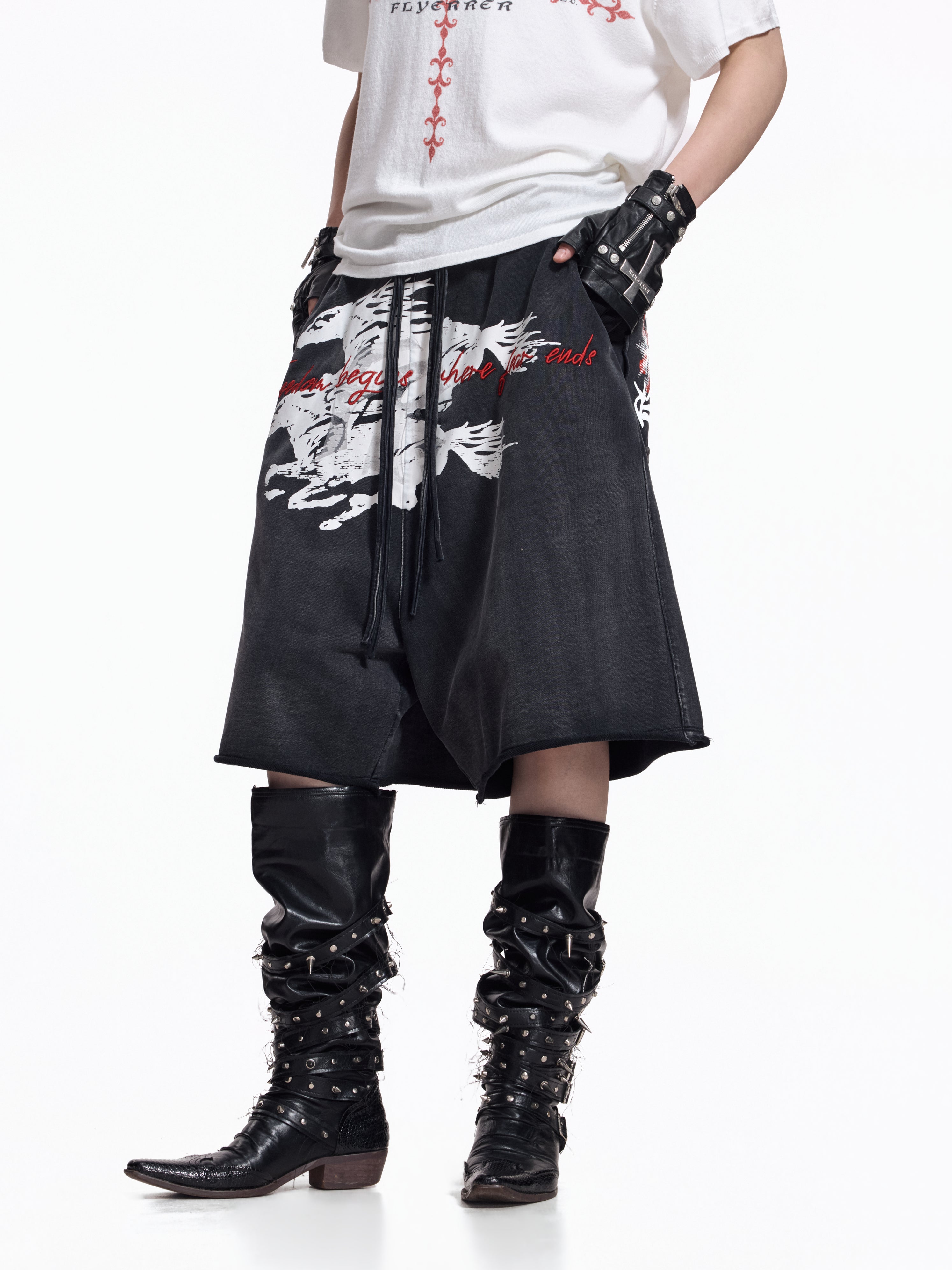 Twin FR Warhorse Embroidery Patch Loose Washed Five-Point Shorts FR339