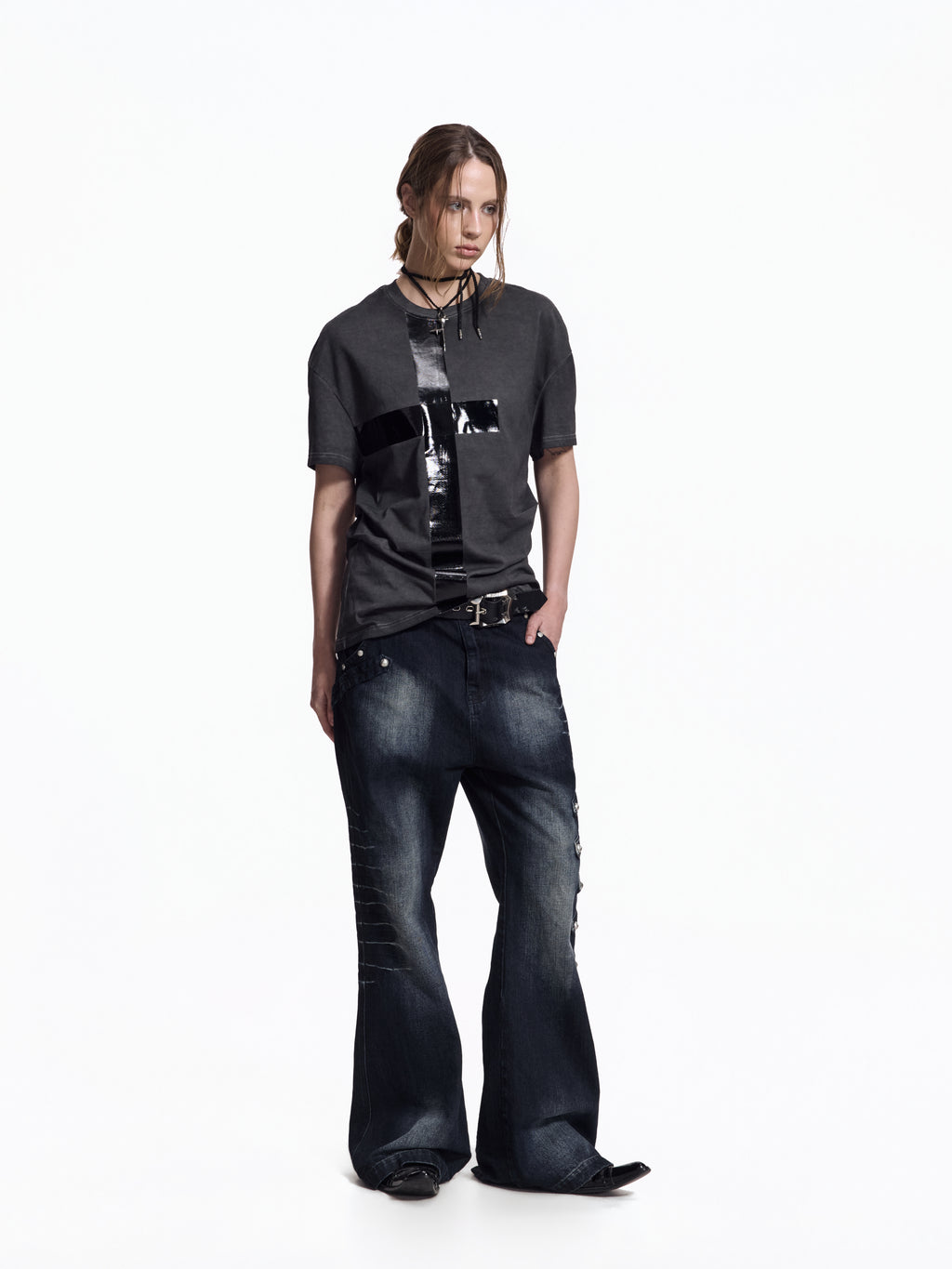 Flyerrer Street Court Claw Print Washed Wide Leg Jeans FR342