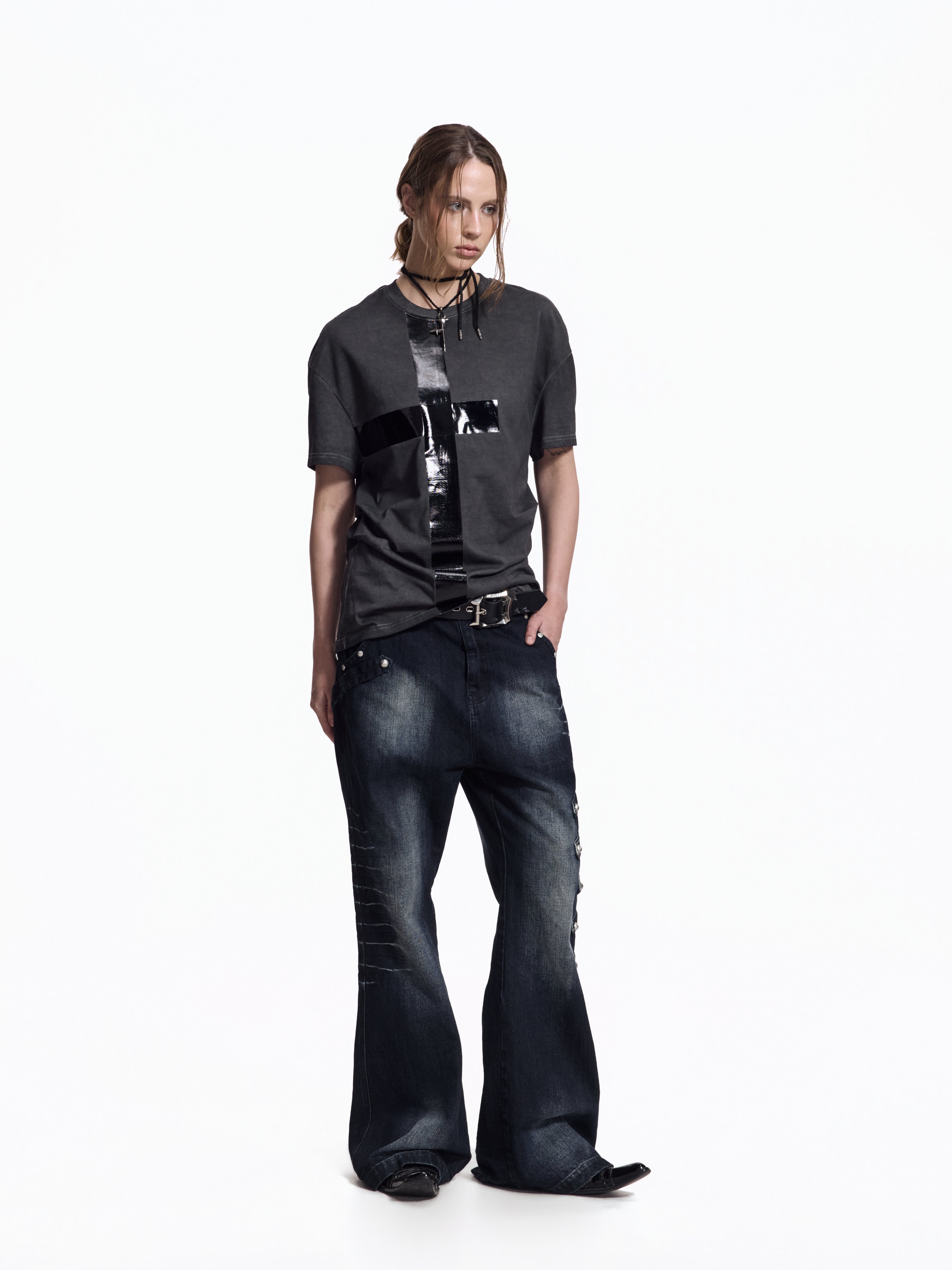 Flyerrer Street Court Claw Print Washed Wide Leg Jeans FR342