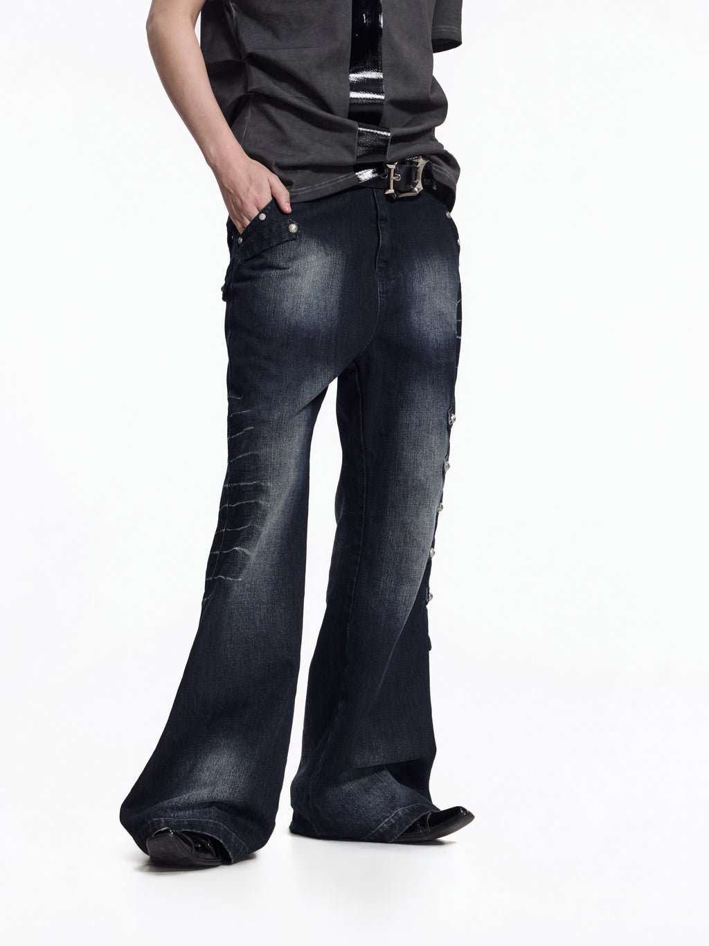 Flyerrer Street Court Claw Print Washed Wide Leg Jeans FR342