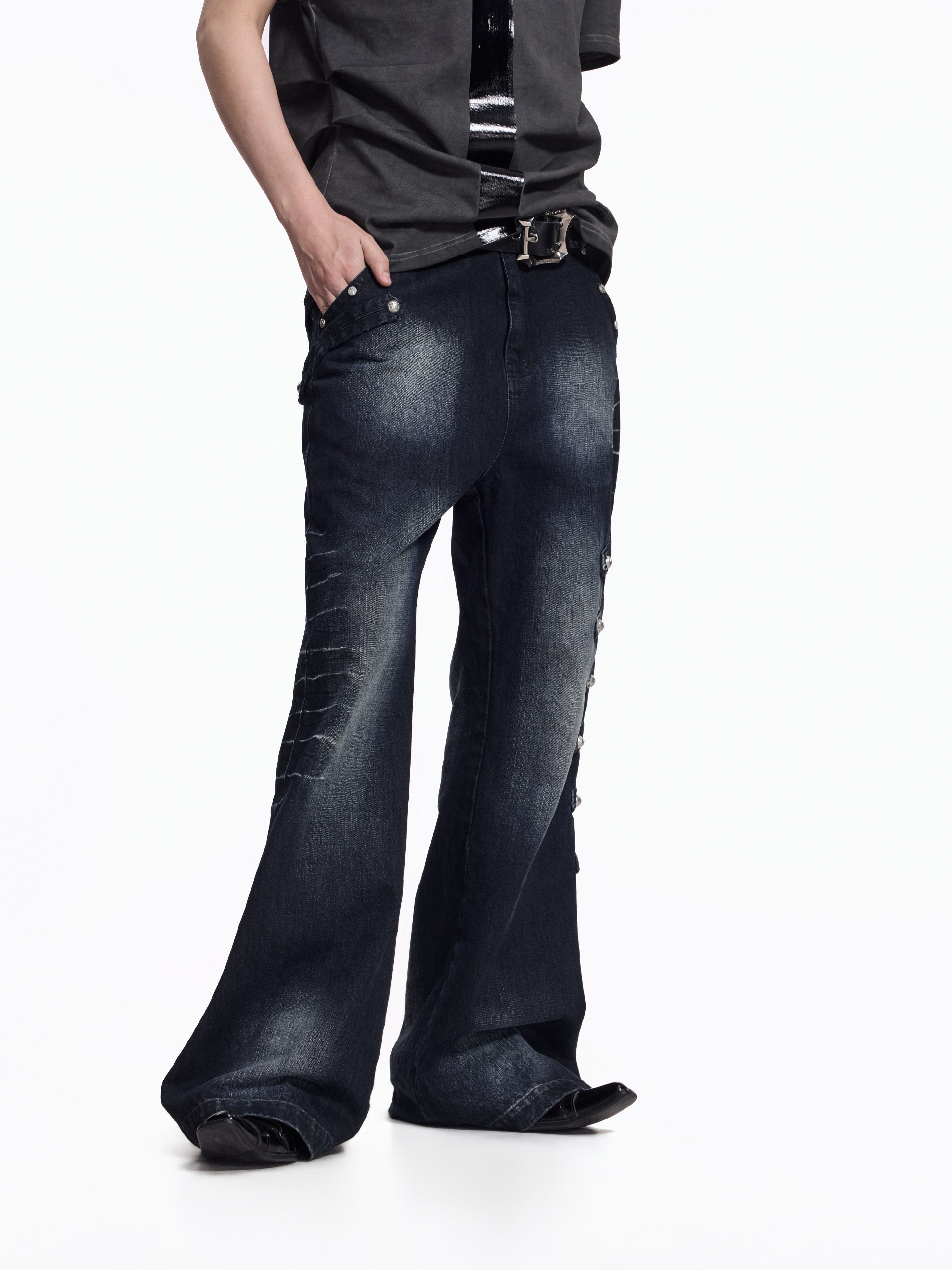 Flyerrer Street Court Claw Print Washed Wide Leg Jeans FR342