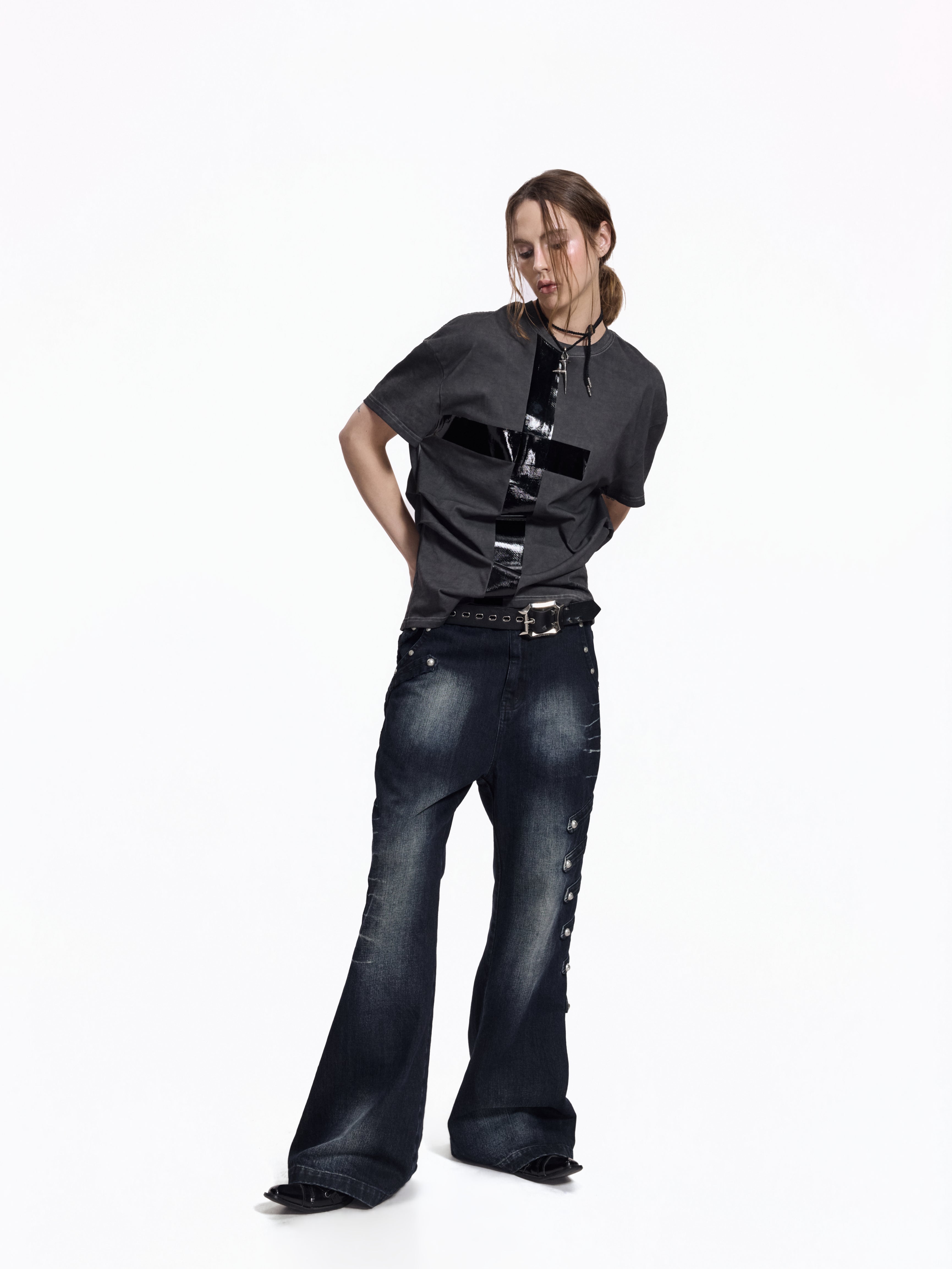 Flyerrer Street Court Claw Print Washed Wide Leg Jeans FR342