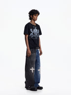 Flyerrer Vintage Court Raglan Print Button Rib Cropped Tee FR337