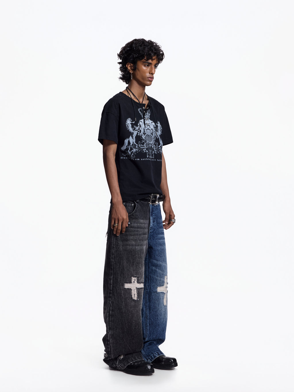 FLYERRER Vintage Cross Print Wide Leg Jeans, Washed Loose Denim Pants FR345