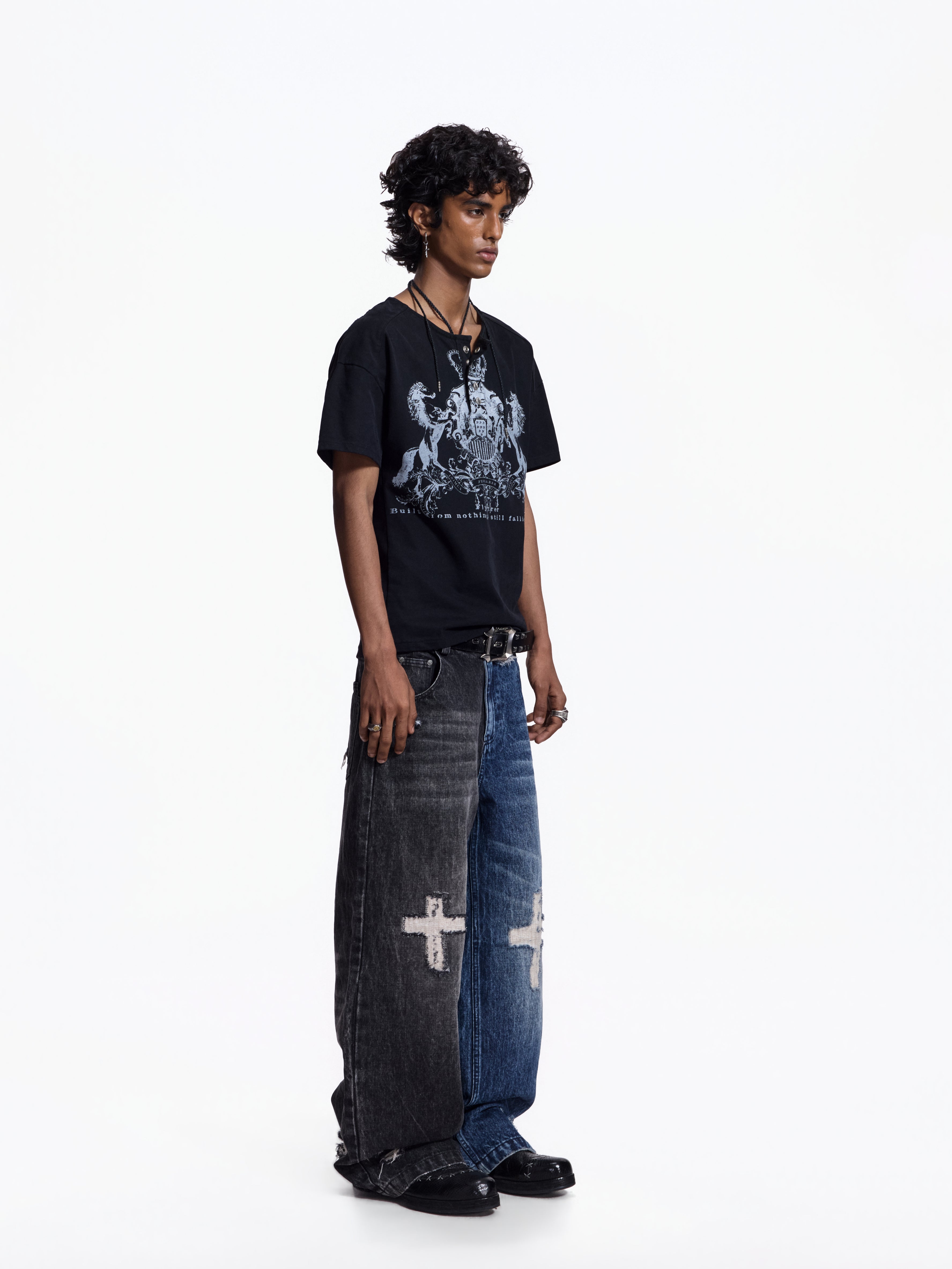 FLYERRER Vintage Cross Print Wide Leg Jeans, Washed Loose Denim Pants FR345