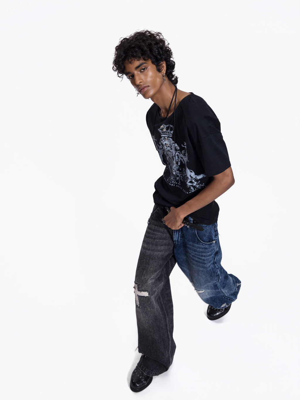 FLYERRER Vintage Cross Print Wide Leg Jeans, Washed Loose Denim Pants FR345
