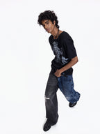FLYERRER Vintage Cross Print Wide Leg Jeans, Washed Loose Denim Pants FR345