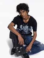 Flyerrer Vintage Court Raglan Print Button Rib Cropped Tee FR337