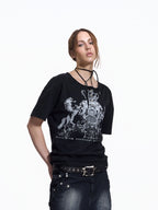 Flyerrer Vintage Court Raglan Print Button Rib Cropped Tee FR337