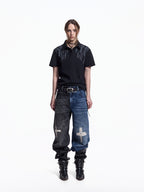 FLYERRER Vintage Cross Print Wide Leg Jeans, Washed Loose Denim Pants FR345