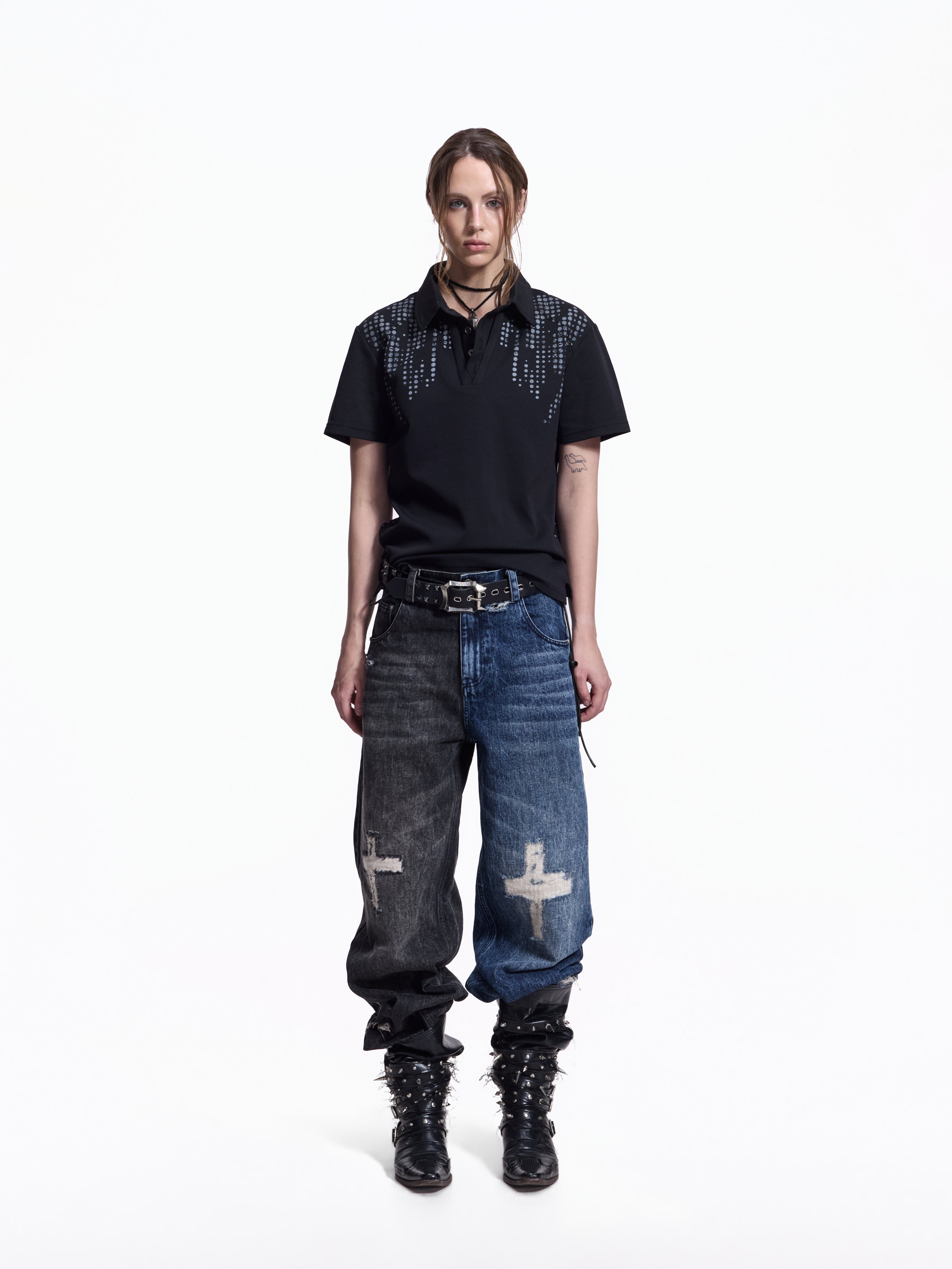 FLYERRER Vintage Cross Print Wide Leg Jeans, Washed Loose Denim Pants FR345