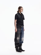 FLYERRER Vintage Cross Print Wide Leg Jeans, Washed Loose Denim Pants FR345