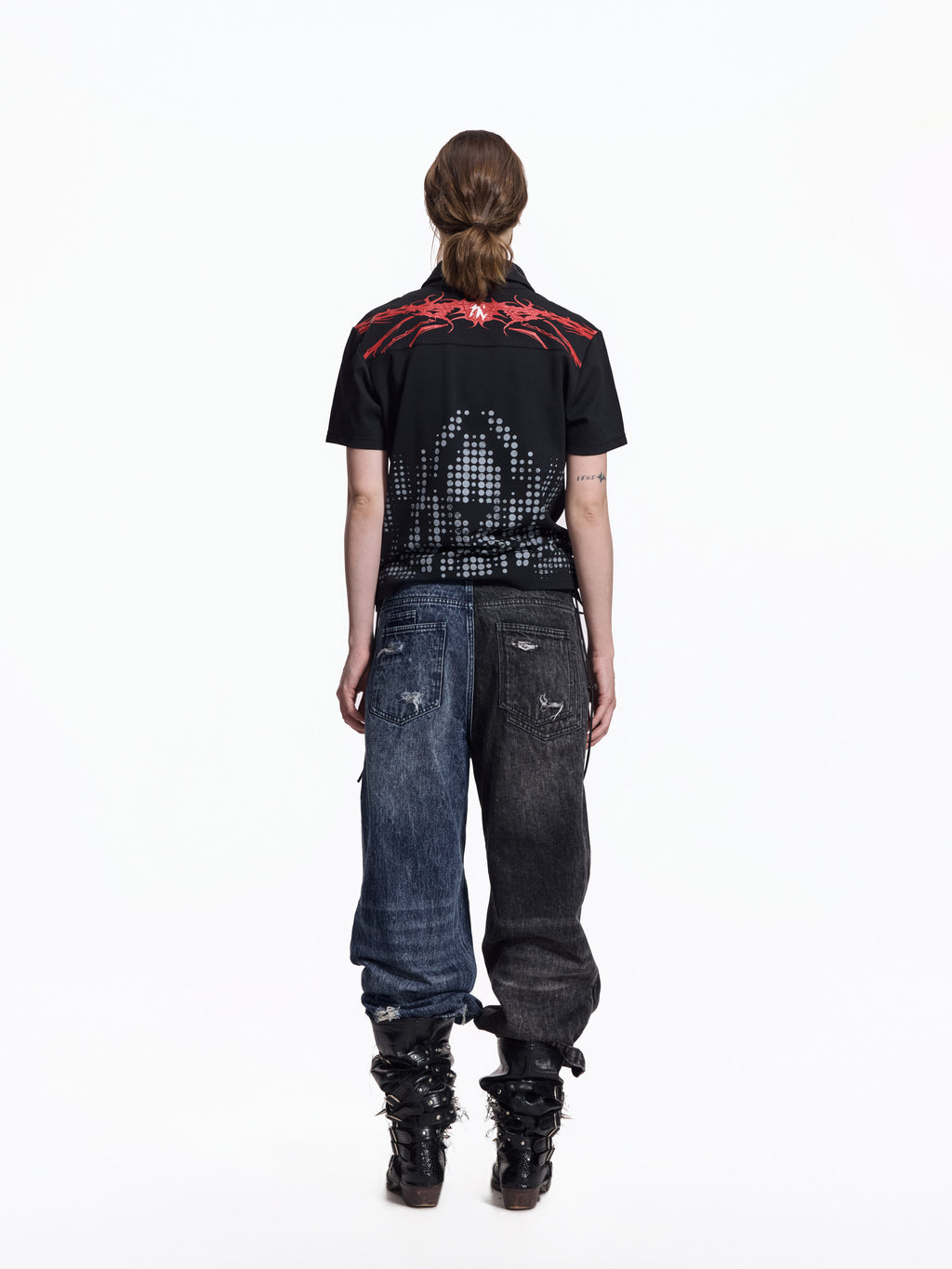 FLYERRER Vintage Cross Print Wide Leg Jeans, Washed Loose Denim Pants FR345