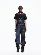 FLYERRER Vintage Cross Print Wide Leg Jeans, Washed Loose Denim Pants FR345