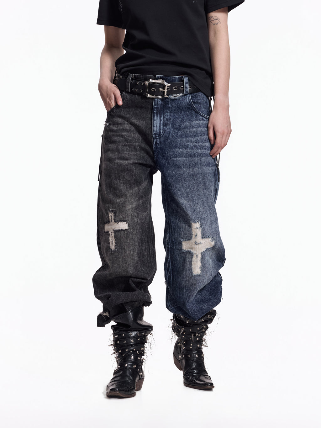 FLYERRER Vintage Cross Print Wide Leg Jeans, Washed Loose Denim Pants FR345