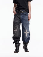 FLYERRER Vintage Cross Print Wide Leg Jeans, Washed Loose Denim Pants FR345