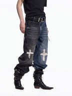 FLYERRER Vintage Cross Print Wide Leg Jeans, Washed Loose Denim Pants FR345