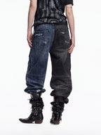 FLYERRER Vintage Cross Print Wide Leg Jeans, Washed Loose Denim Pants FR345