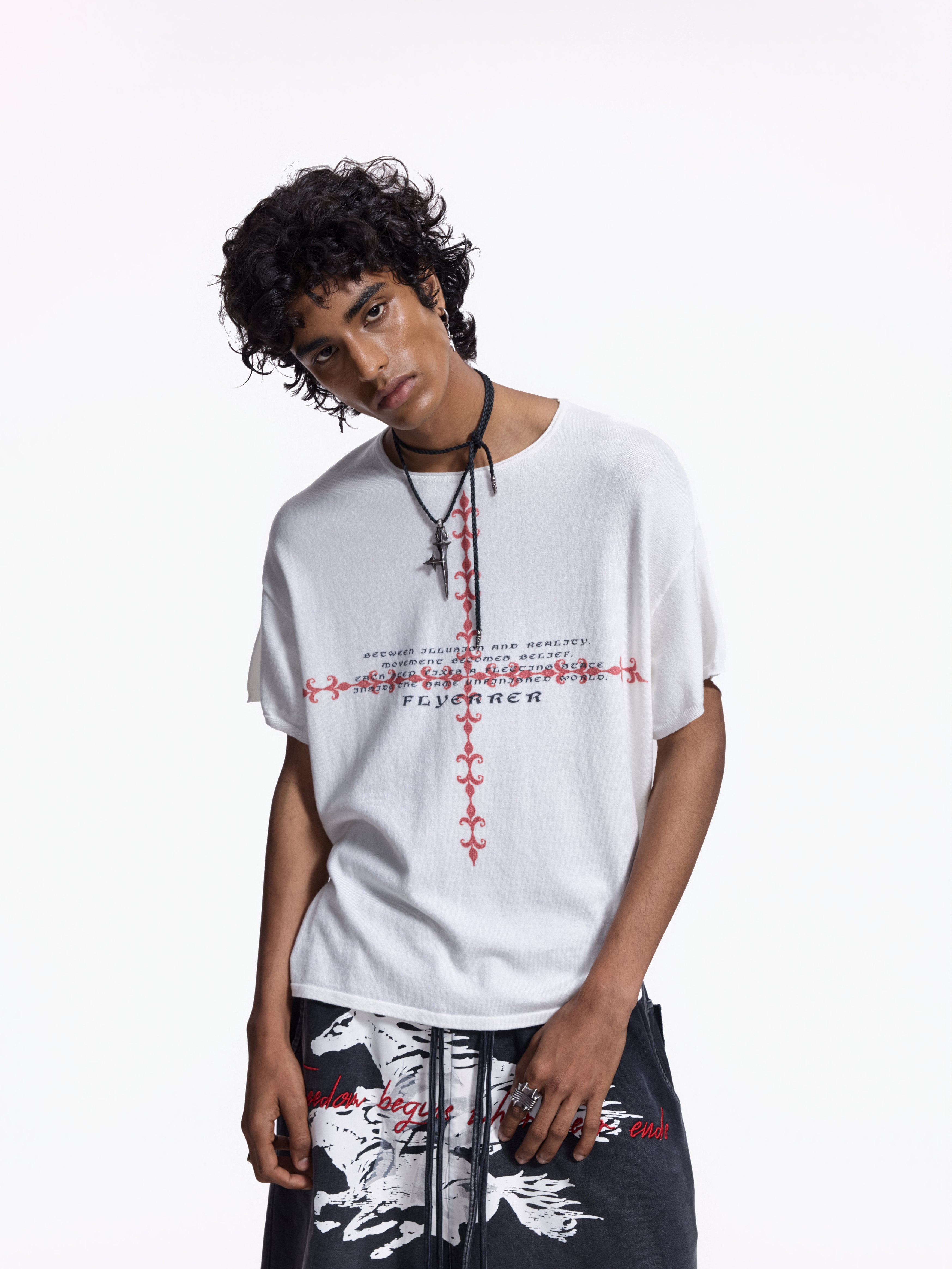 Flyerrer Retro Iris Crest Knit Short Sleeve T-Shirt, Loose Court Style Top FR336