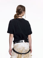 Flyerrer Deconstructed Badge Print Button Tee, Court Loose Casual Summer Top FR338
