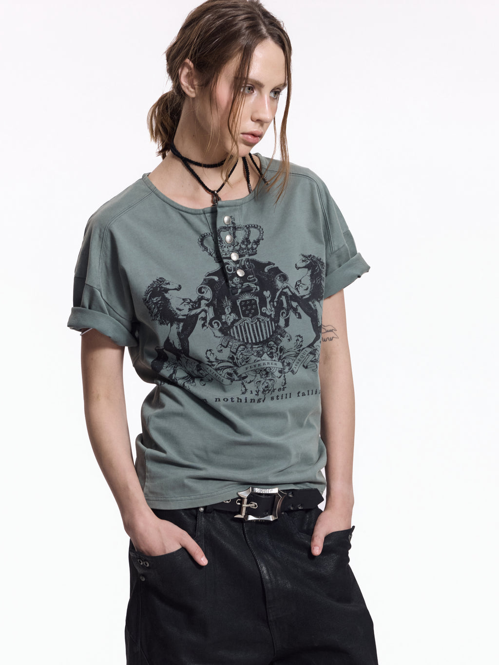Flyerrer Vintage Court Raglan Print Button Rib Cropped Tee FR337