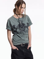 Flyerrer Vintage Court Raglan Print Button Rib Cropped Tee FR337