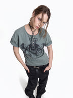 Flyerrer Vintage Court Raglan Print Button Rib Cropped Tee FR337