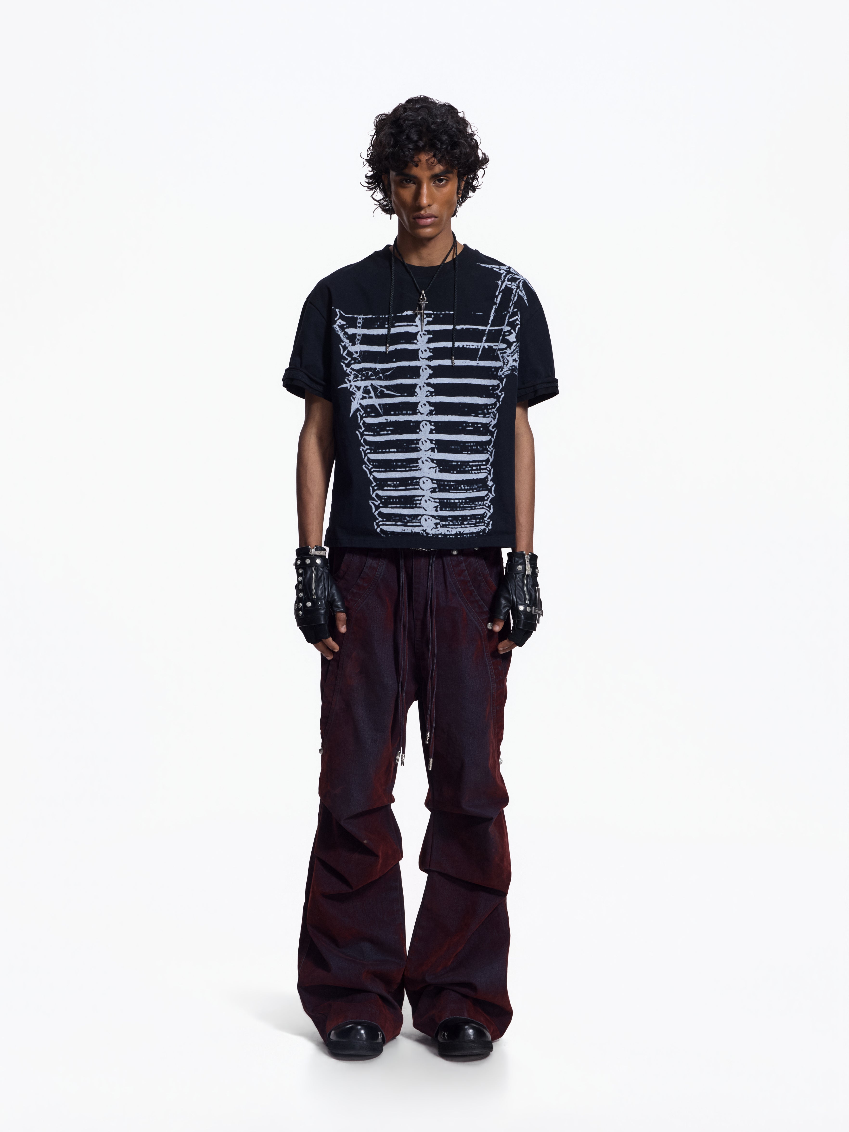 Flyerrer Vintage Washed Red Denim, Twin Flocked Structural Design Wide Leg Casual Pants FR343